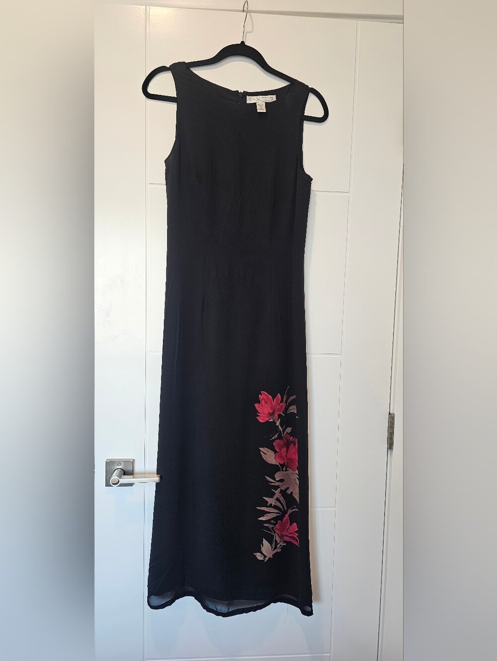 Valerie Stevens Black Sleeveless Maxi Dress with Pink Floral Side Motif